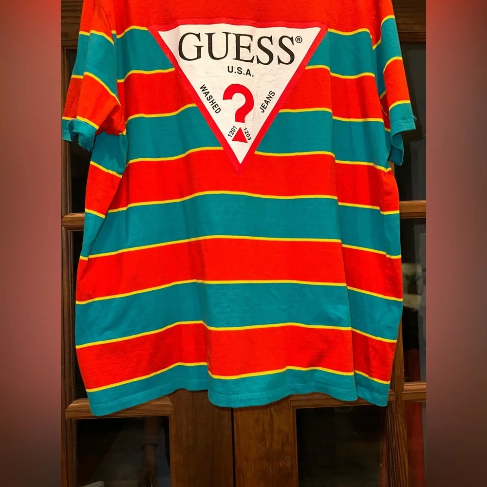 EUC Vintage Guess Size XL Men's Colorful Striped Tee in Red and Teal - Picture 6 of 11